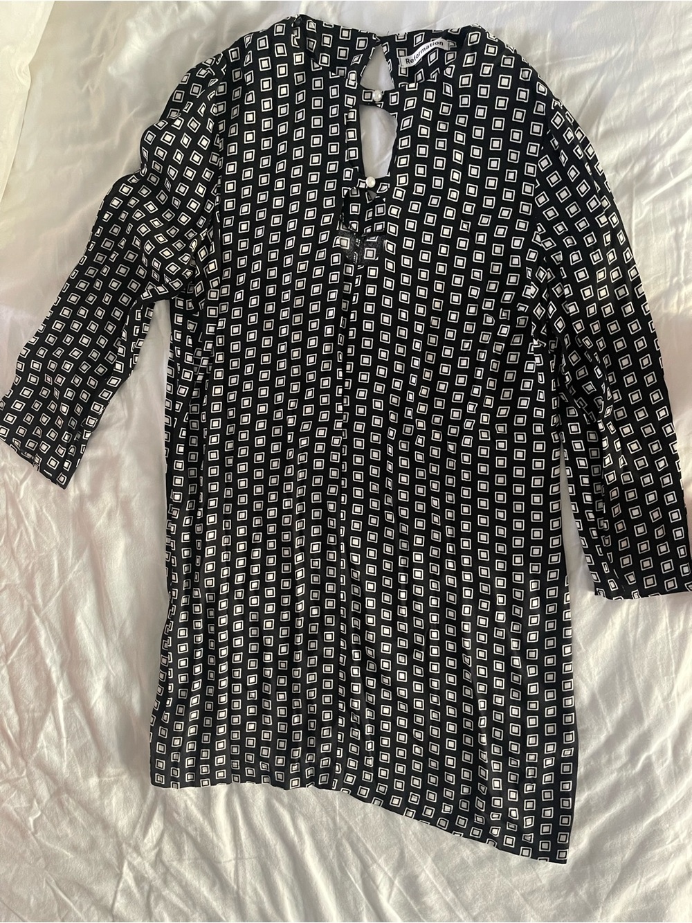 Reformation Black and White Geometric Long-Sleeve Shift Dress